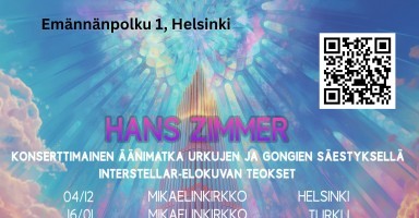 Plakat Hans Zimmeri oreli- ja gongikontserdi kohta. Taustal värviline kosmiline kunst, keskel suur orel. Tekst sisaldab esineja nime, kuupäevi (4.12 Helsingis ja 16.01 Turus), asukohta Mikaeli kirikus ning QR-koodi.