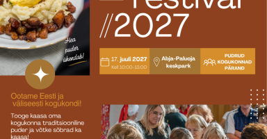 Mulgi pudru festivali plakat. Festival toimub 17. juulil 2027 kell 10–15 Abja-Paluoja keskpargis. Festivalile oodatakse Eesti ja väliseesti kogukondi tutvustama oma toidupärandit, kultuuri ja traditsioone.