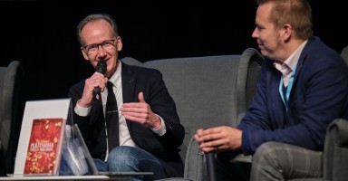 Tiit Aleksejev in conversation with Ville Hytönen, Chair of the Finnish Writers’ Union, at the Turku Book Fair 2023.